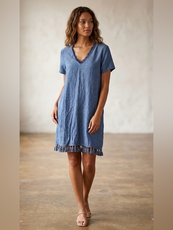 Highline Collective Dresses & Skirts - Highline Collective Blue Fray Detail Shift Dress with Fringe Hem